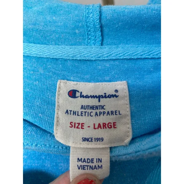Champion Logo Hoodie Blue Lightweight Causal Athleisure L Hiking Granola Workout - Image 5