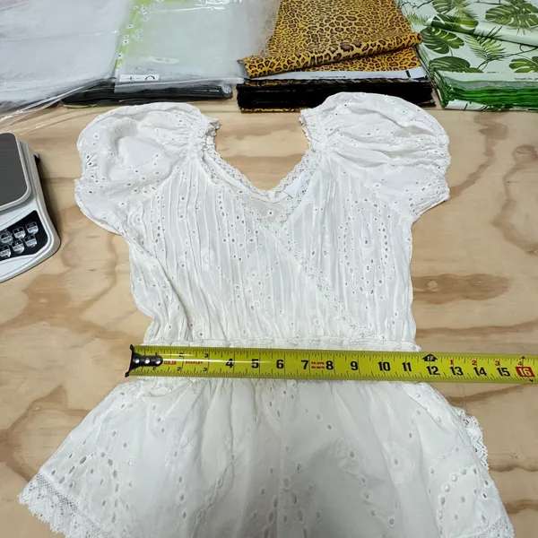 Sky to Moon Eyelet Lace Mini Dress Puff Sleeve Smocked Waist‎ Small White Boho - Image 12