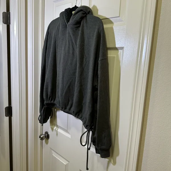 American Eagle Hooded Sweatshirt Sz XXL Cropped Drawstring Hem Gray Sherpa Hood - Image 3