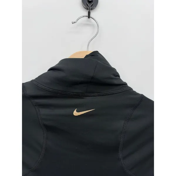 Nike Pro Dri-FIT Women Black Funnel Neck Long Sleeve Training Top S Gold Swoosh - Image 5