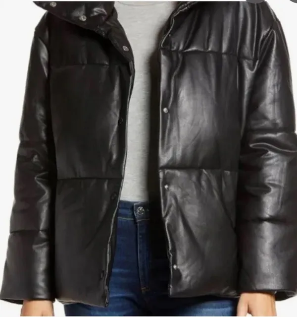 Faux Leather black Puffer Jacket - Image 2