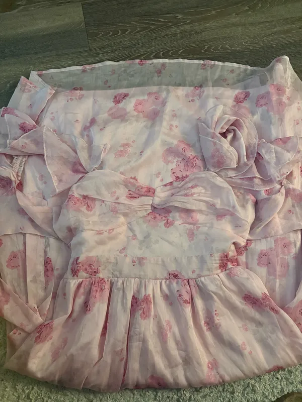 NWOT Lulus Loveliest Darling Light Pink Floral Ruffled Tie-Back Midi Dress. Size Medium - Image 6