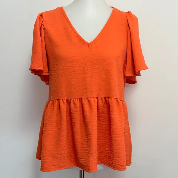 Entro Peplum Top Small Orange V-Neck Flutter Sleeve Textured Ruffle Blouse - Image 2