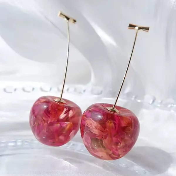 Pink and Gold Cherry Drop Earrings - Image 3