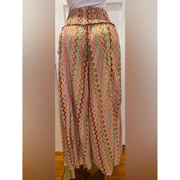 Silk Blend Wide-Leg Pants Pink Earth Tone Geometric Print Bohemian Resort Wear - Image 3