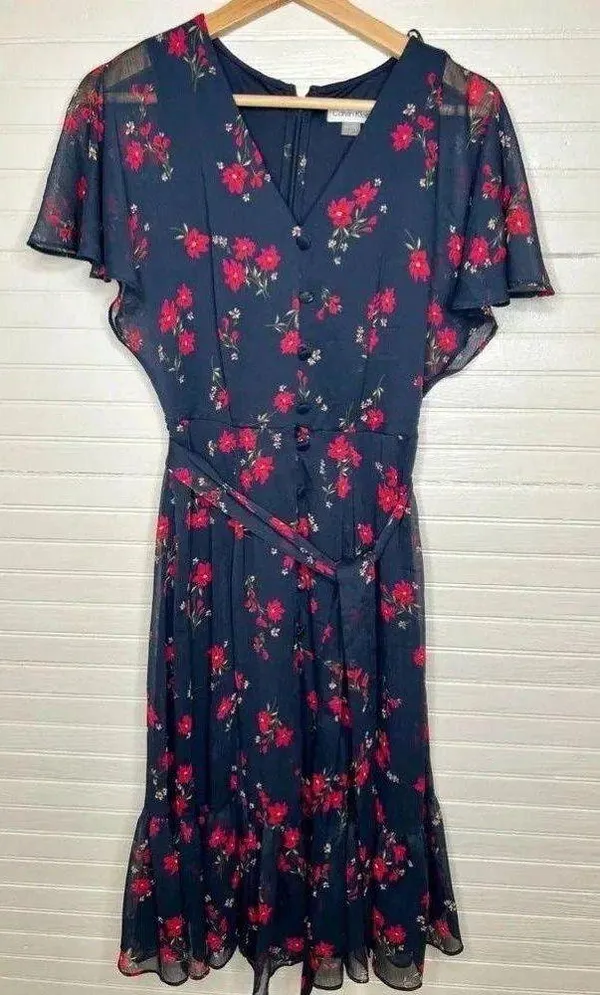 Calvin Klein Women's Floral V-Neck Dress Blue Size 2 Tie Waist Short Sleeve - Image 7