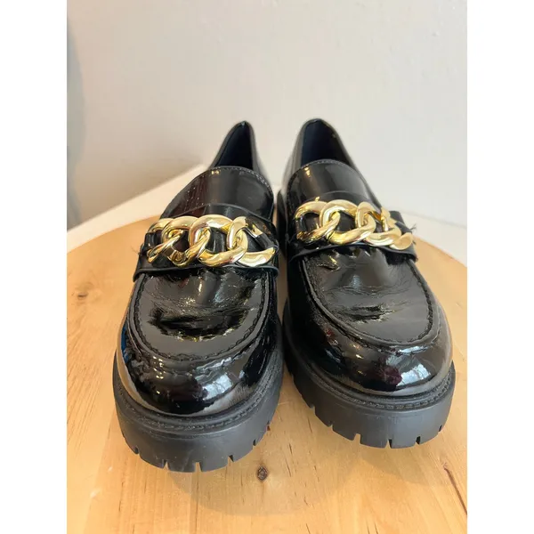 Soda Black Patent Vegan Leather Gold Chunky Chain Loafer Shoe Size 9-9.5 - Image 6