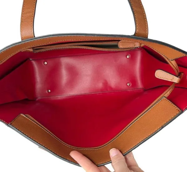 Faux Leather Brown Double Handle Red Lined Tote Bag Purse - Image 11