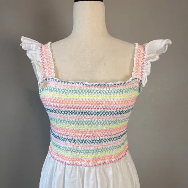 Vineyard Vines Flutter Sleeve Smocked Tiered‎ White Linen Midi Dress Size S - Image 3
