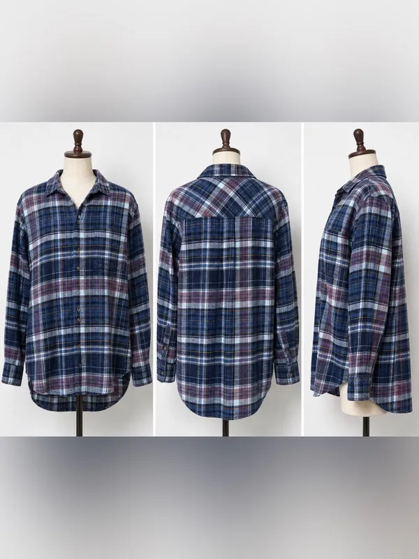 Aerie | EUC Cotton Navy & Purple Plaid Flannel Oversized Button-Down Shirt (S/M) - Image 3