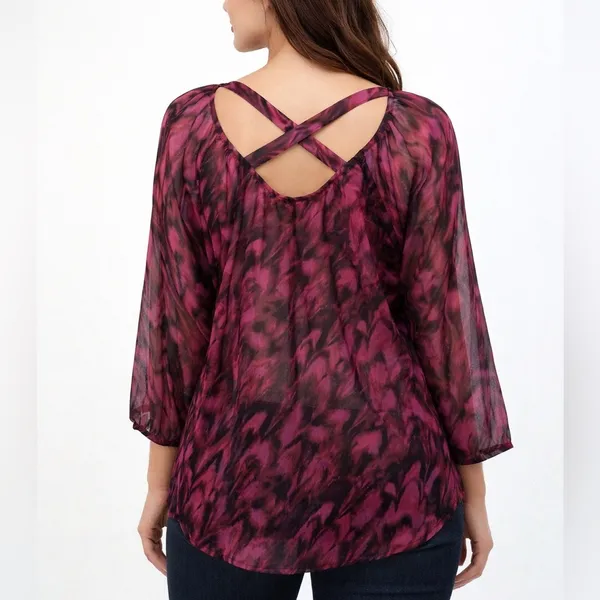 Express feather Blouse top MEDIUM magenta pink 3/4 Sleeve Criss Cross back - Image 2