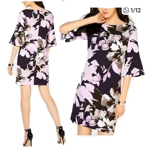 NWT VINCE CAMUTO Women’s Dress Sz 2‎ Navy Blue Floral Bell-Sleeve Shift Cocktail - Image 14