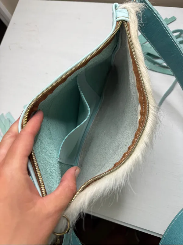 TTT Leathergoods Longhorn Lakota Cowhide Fringe Shoulder Bag Sky Blue - Image 8