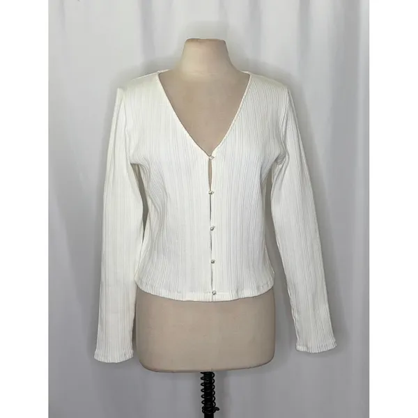 VINCE Pearl Button Cardigan Sweater Off White Ribbed Cropped V Neck‎ X-Large - Image 2