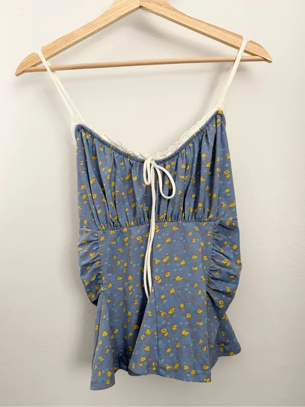 Free People XL Sammi Tank Top Blue Floral Peplum Babydoll Coquette Preppy - Image 3