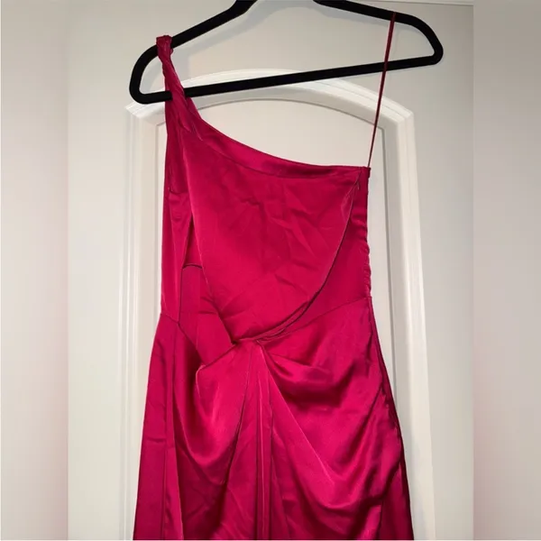 AMUR Deena One Shoulder Midi Dress in Rosie Raspberry‎ Hot Pink Satin Cut Out 4 - Image 8