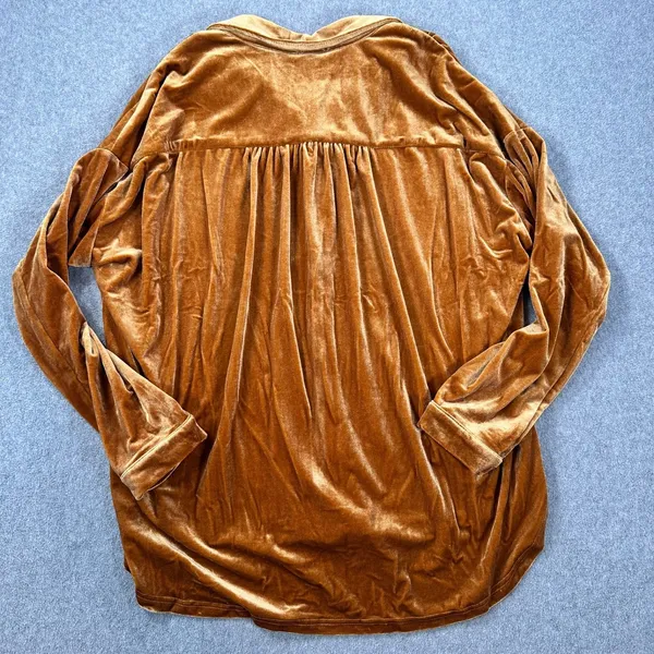 Jodifl Velvet Gathered Shoulder Blouse Women's Medium Golden Brown Button Front - Image 9