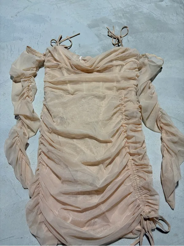 Oh Polly NWT Women's Ruched Tie-Strap Mesh Dress sand 8 - Image 2