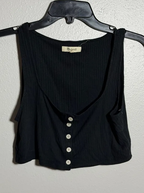 Madewell Women Minimalist Neutral Black Ribbed Button-Front Crop Tank Top size M - Image 2