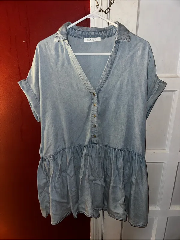 Mustard Seed Lyocell Chambray Shirt Dress Drop Waist V-Neck Cuffed Sleeve Boho - Image 3