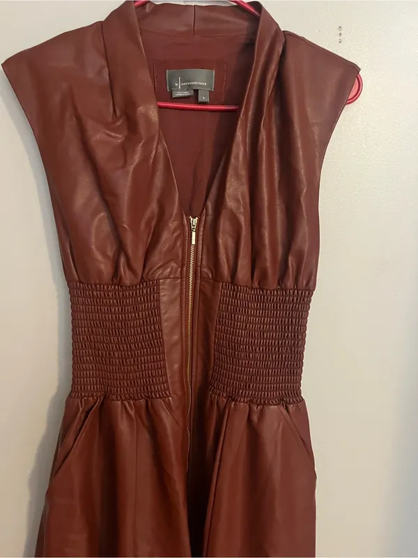 Anthropologie Chocolate Brown Zip-Front Midi Dress-Skirt - Image 4