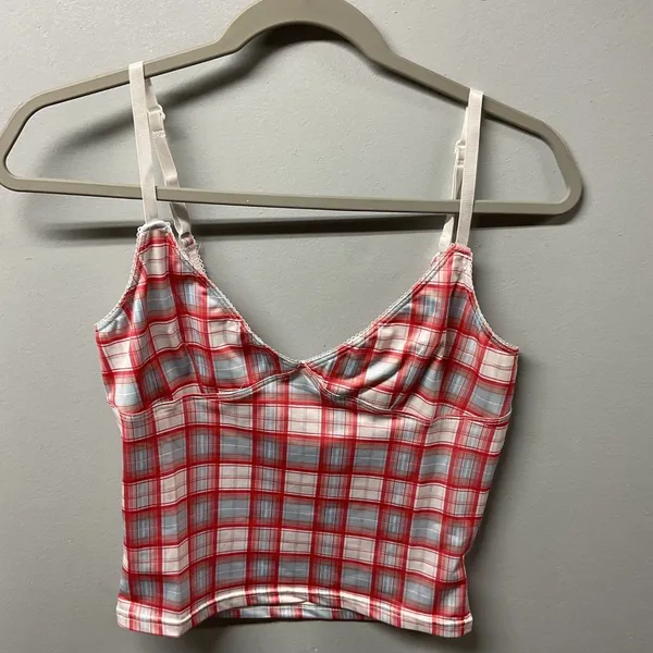 Unbranded Womens Camisole Red Blue Plaid V-Neck Lace Trim Size Medium - Image 2