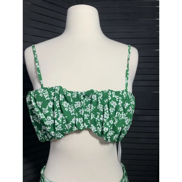 SHEIN Green Floral‎ Ruched Crop Top & High Slit Maxi Skirt Set Women's Size S - Image 3