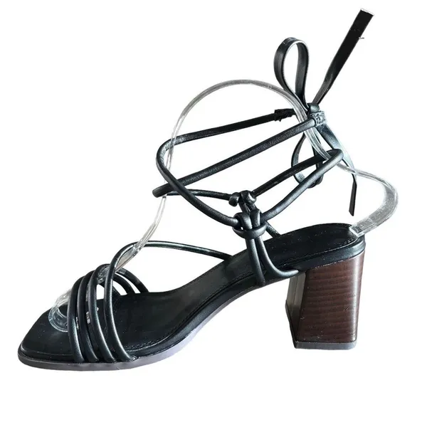 ASOS Sandals Size 7 Black Y2K Strappy Ankle Tie Block Heel Faux Leather - Image 6