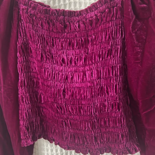 Anthropologie Smocked Velvet Puff Sleeve Pink Magenta Square Neck Blouse Small - Image 4
