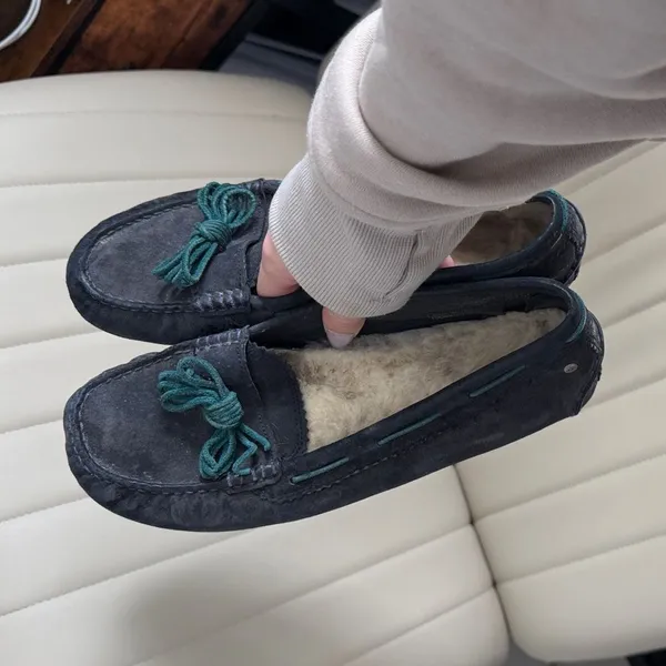 UGG Navy Suede Shearling Moccasins with Teal Bow Trim - Image 2