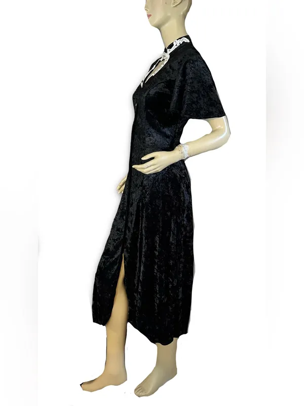 Vintage 1990'S All That Jazz Black Velvet & White Embroidered Collar Dress (6/8) - Image 5