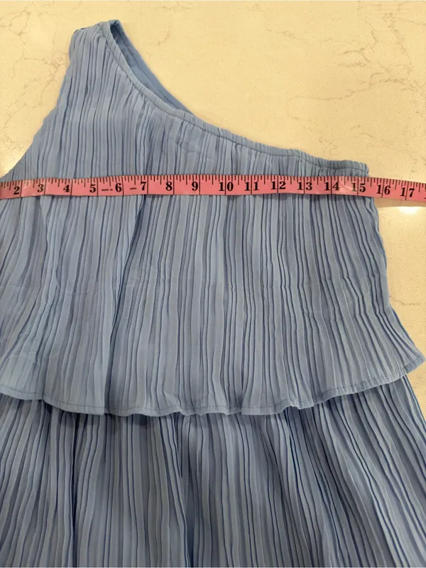 Asymmetric One-Shoulder Pleated Tiered Dress in Light Blue - Image 4
