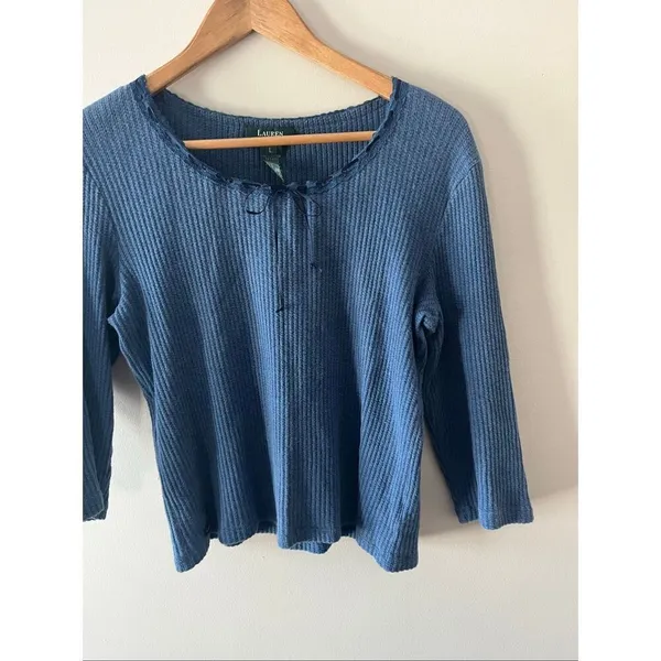 Lauren Ralph Lauren Blue Waffle Knit y2k 100% Cotton blouse L Lace Trim coquette - Image 2
