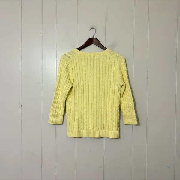 L.L.Bean Cable Knit Sweater Yellow Cotton V Neck 3/4 Sleeve Womens M - Image 5
