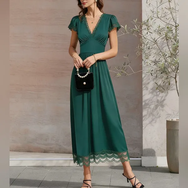 Rihoas Green V Neck Lace Maxi Dress - Image 2