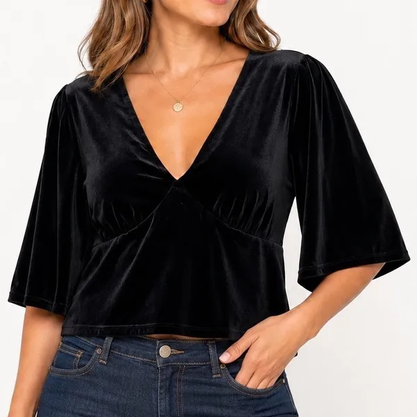Knox Rose XL Black Velour V-Neck Flutter Sleeve‎ Empire Waist Top Blouse - Image 3