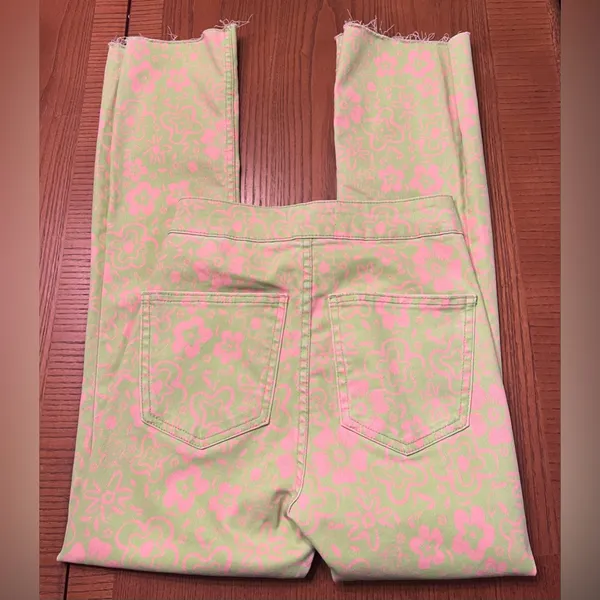 ZARA Green & Pink Floral Print Flare Cropped‎ Stretch Denim Jeans Y2k Size 4 - Image 9