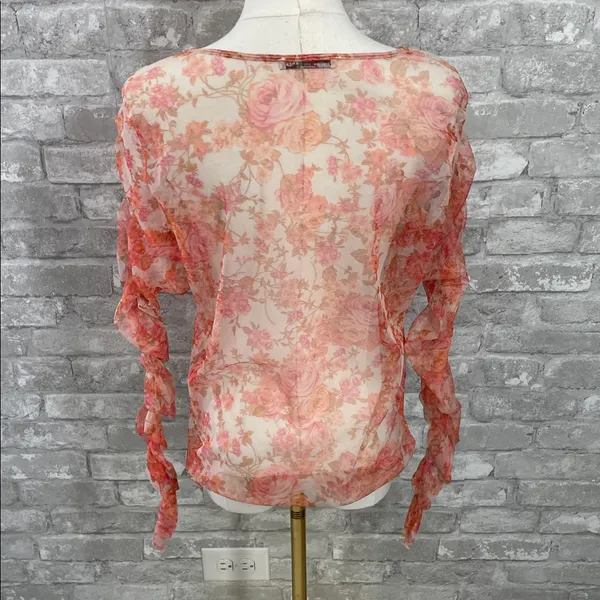 Zara Sheer Floral Ruffle-Sleeve Blouse - Pink & Cream - Image 3