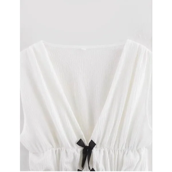 NEW White V Neck Sleeveless Bow Plisse Shirt Tank Top - Image 3