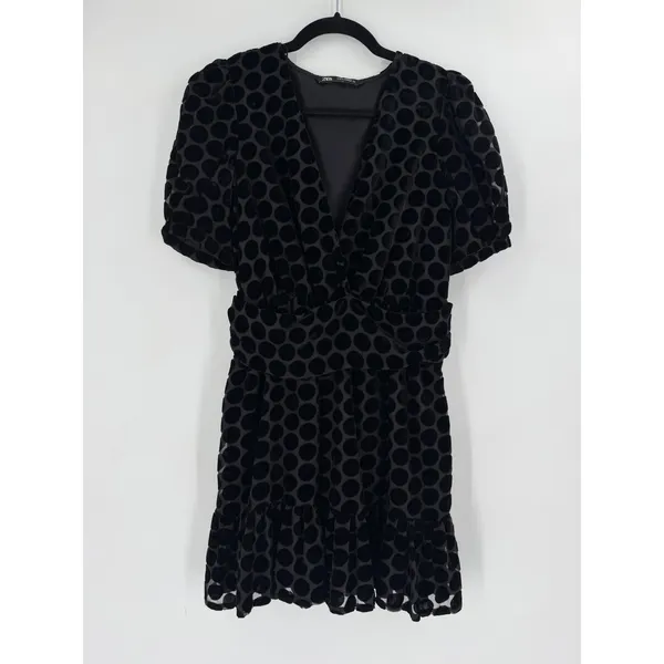 Zara Mini Dress Womens S Black Velvet Polka Dot Puff‎ Sleeve Whimsigoth Romantic - Image 2