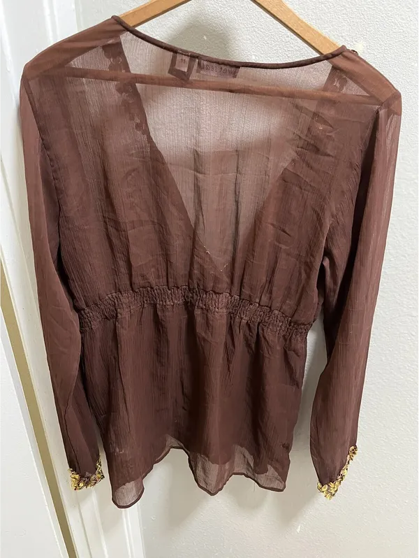 Y2K Wet Seal Brown Long Sleeve 100% Silk Sequin Blouse Top M - Image 3