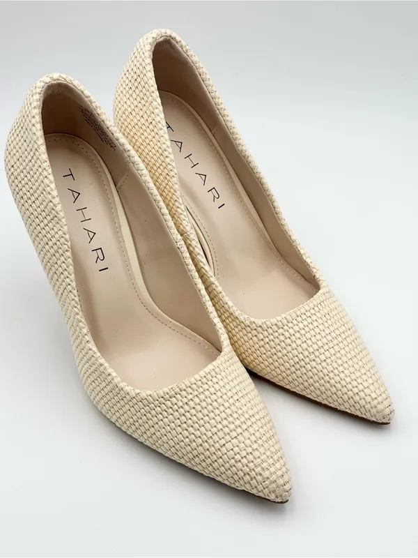 Tahari Cream NIAGRA Vegan Leather 3.75” Woven Upper Stiletto Heels - Image 2