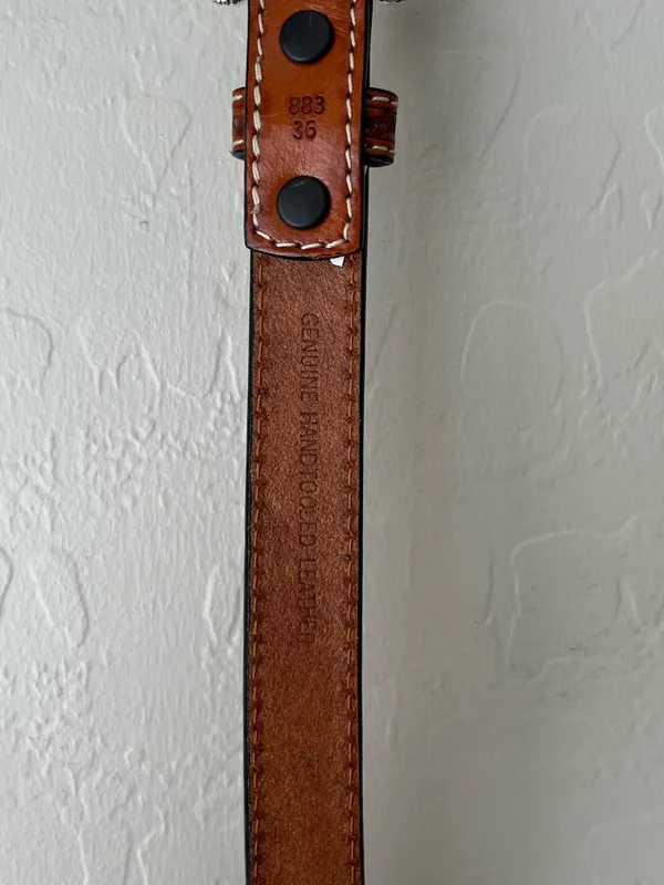 3D DDD Western Leather Tooled Cross Belt Size 36 Tan Brown White Silver - Image 6