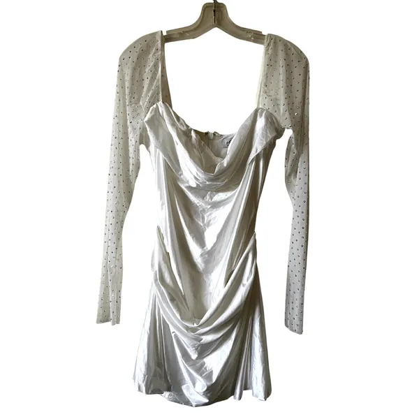 Oh Polly Clemmie Embellished Long-Sleeve Draped Mini Dress in White Size 10 New - Image 4