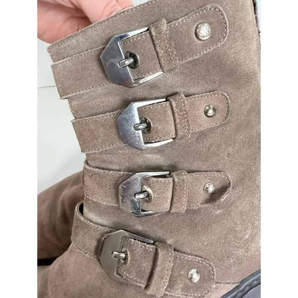 Stuart Weitzman Taupe Suede Multi Buckle Moto Ankle Boots U274026 Womens 6.5 M‎ - Image 6