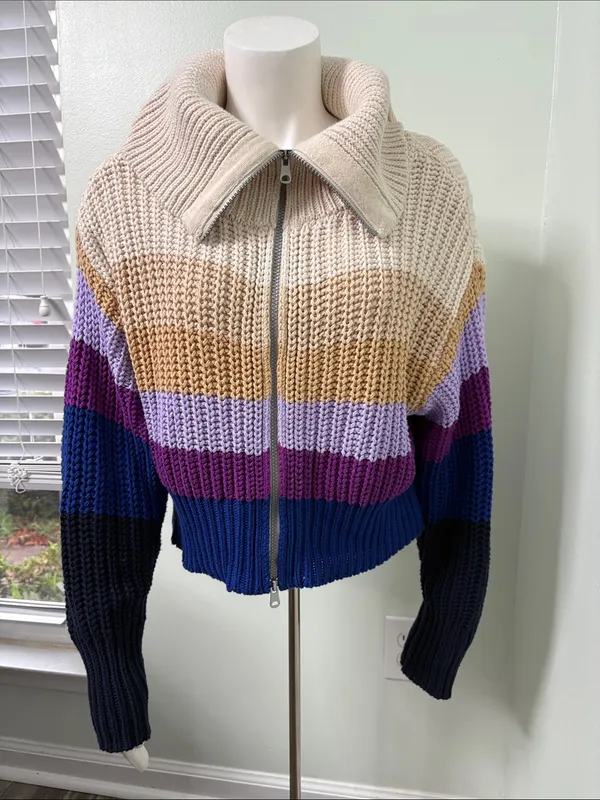 Aerie Double Zip Cardigan Sweater Color Block Purple Tan Blue Cream Size Medium - Image 7