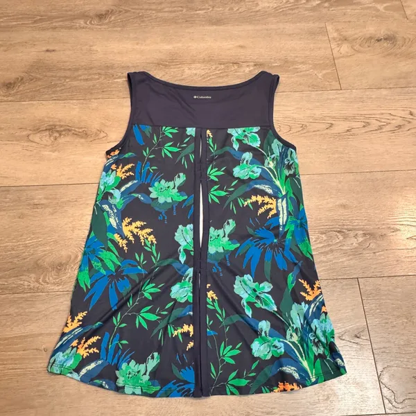 Columbia Tropical Floral Tank Top Dress‎ Blue Green Zip Front Athletic XSmall XS - Image 2