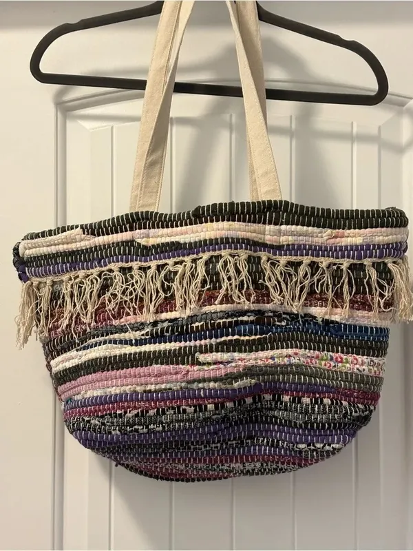 Raj Anthropologie Handwoven Multicolor Fringe Tote Bag - Cream Handles NWT - Image 3