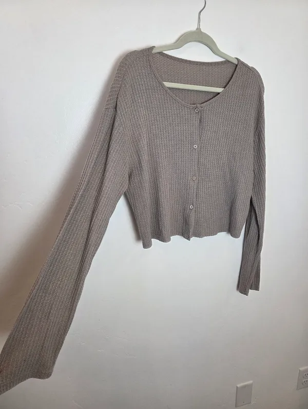 Dazy Thermal Waffle Knit Top Taupe Neutral Long Sleeve Comfy Cozy Loungewear XL - Image 10