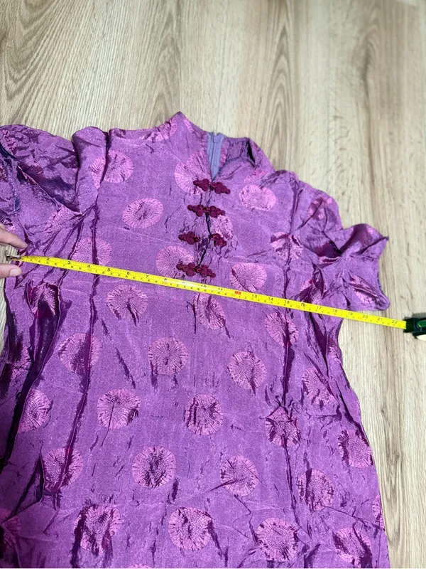 Vintage Cheongsam Qipao Maxi Dress Purple Floral Medallion Frog Button M - Image 4